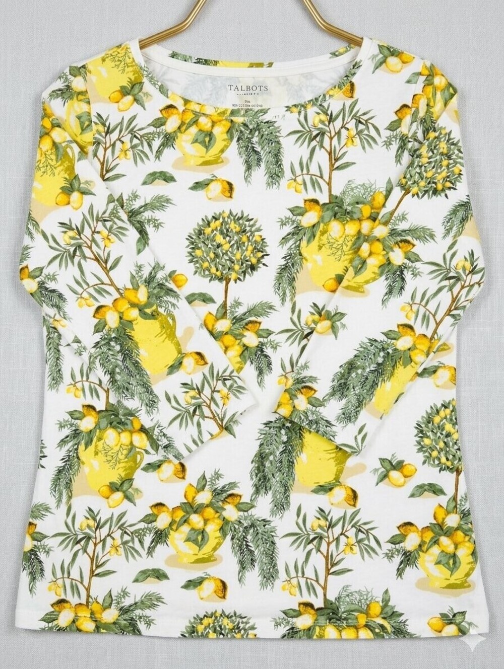 Talbots Petite MP Long Sleeve Floral Lemon Print Top